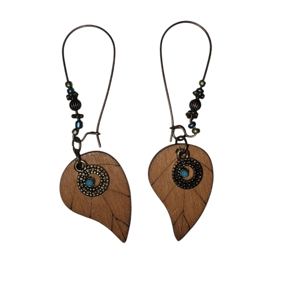 Elegant Wooden Leaf Earrings with Beaded Accents - Picture 1 of 2